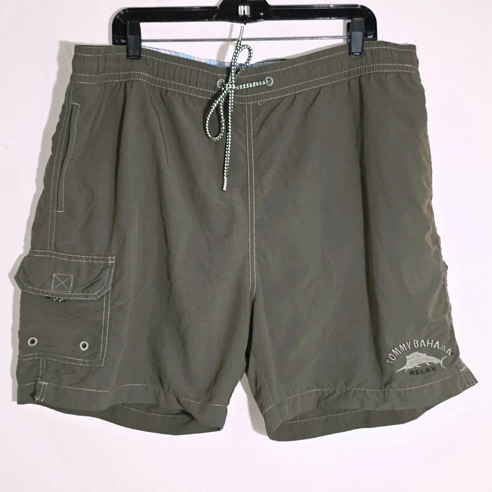 Tommy Bahama Swim Trunks Mens Size Large Olive Green Relax Cargo Mesh Liner Good